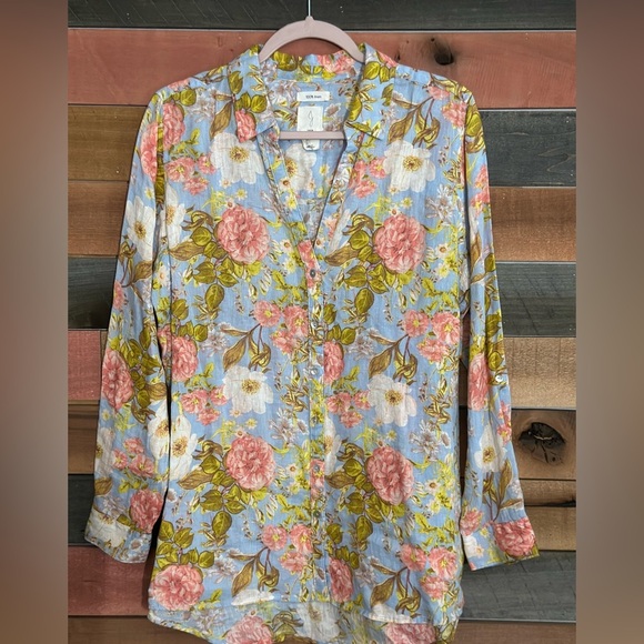 Joie linen blue floral v neck button down long sleeve shirt - Picture 2 of 4